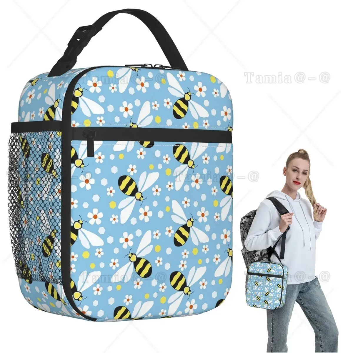 Cartoon Bee And Daisy In Blue Background Insulated Lunch Bag for Women Children Portable Food Boxes Thermal Lunch Box Tote