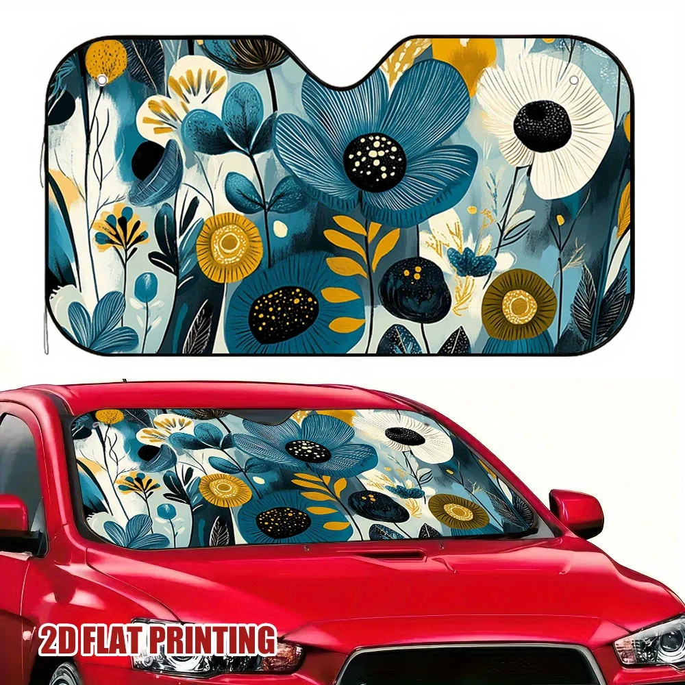 1pc A Blue And Golden Floral Car Sun Visor, Perfect For Quick Stops And Waiting, Minimizes Sun Exposure On The Dashboard