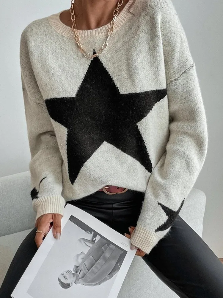 Yangelo Vintage Y2K Grunge Knitted Sweater Female Loose Star Pattern Pullover Emo Crew Neck Long Sleeve Fall  Winter Sweater