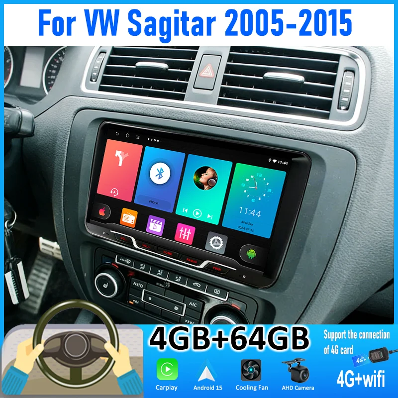 

9'' 4+64GB For VW Sagitar 2005-2015 Car Radio Android 15 Auto Support Wireless Apple Carplay 4G+WIFI Google Map Rear Camera