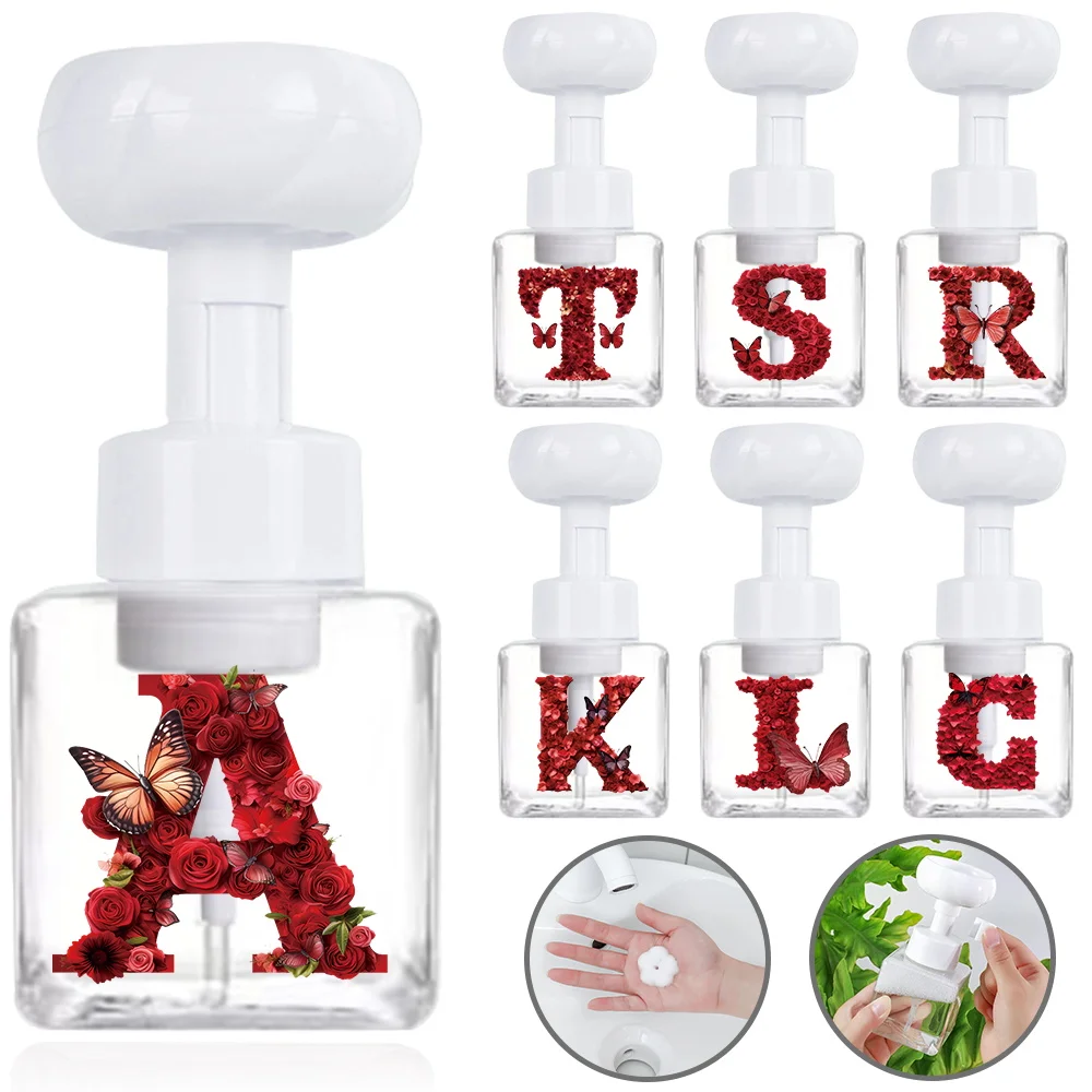 

Four Party Foam Bottle Flower Shape Countertop Soap Organzier Pressing Refillable Pump Soap Dispenser Red Rose Letter Pattern