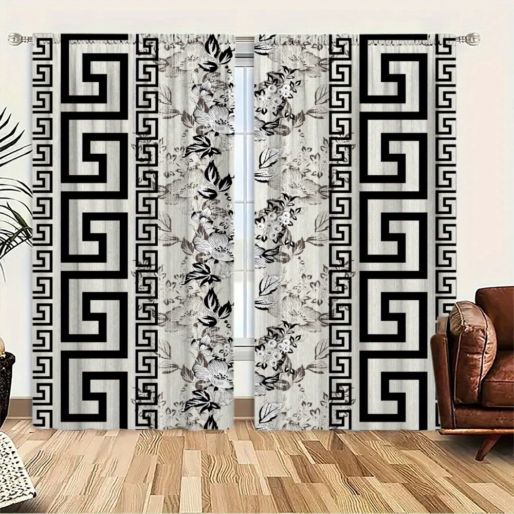 Greek Key Curtains Black White Geometric Floral Window Drapes Vintage Medusa Border Decor Blackout Fabric for Living RoomBedroom