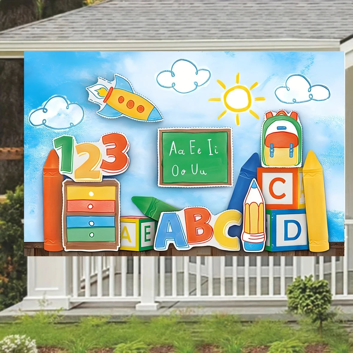 1PC Welcome Back to School Photography Background - A Vibrant Blue Sky Designed with Letters ABC and Colorful Crayons