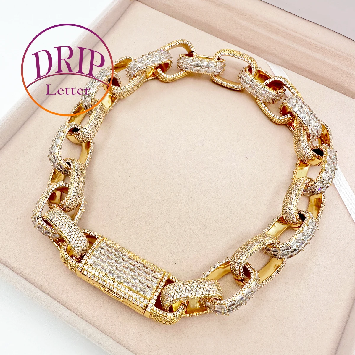 

Drip Letter Baguette Box Link Chain for Women Iced Out Choker Necklace Prong Setting Cubic Zirconia Hip Hop Jewelry