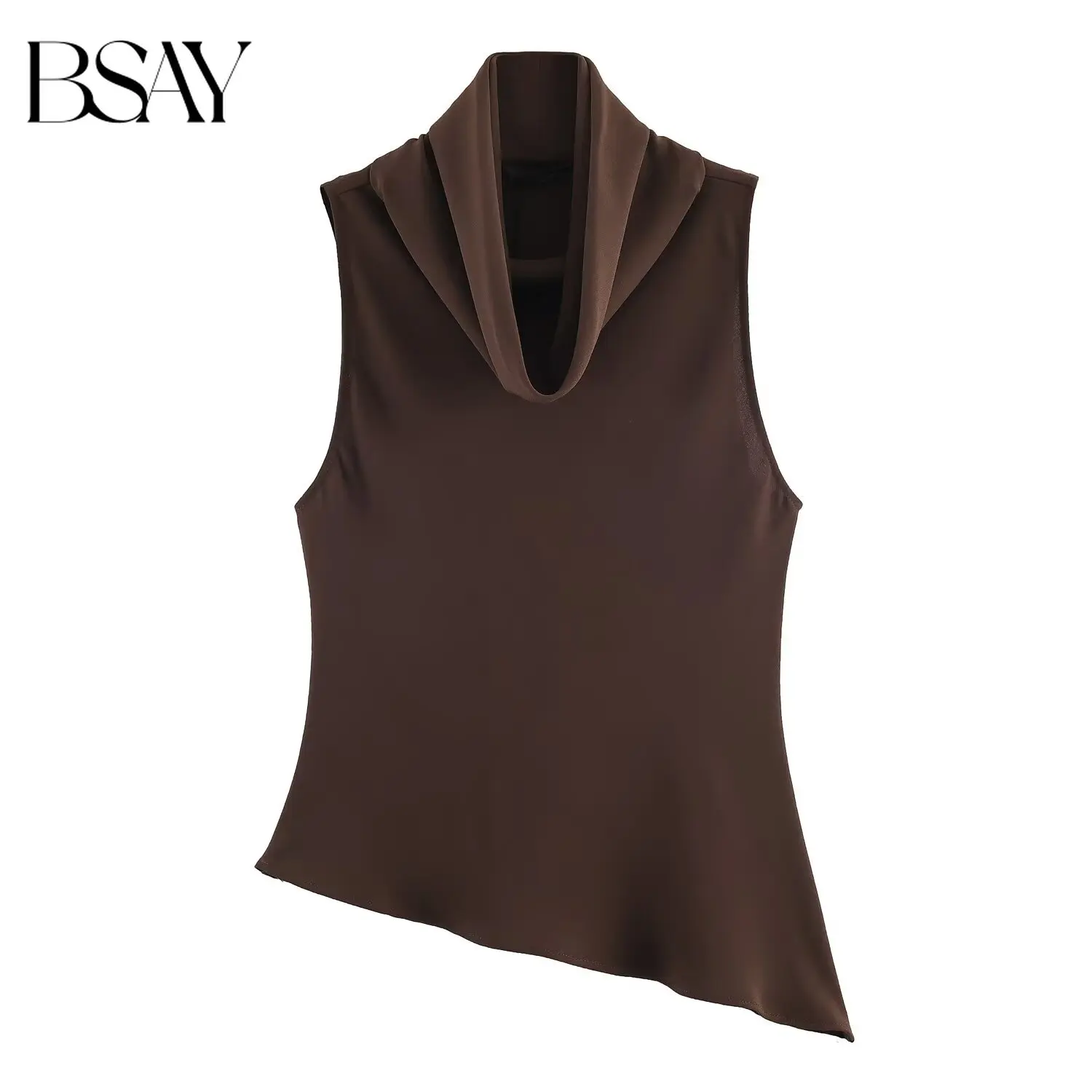 

BSAY Women's Spring New Fashion Draped Neckline Hem Asymmetric Shirt Chic Female High Street Sleeveless Blouses Top Mujer