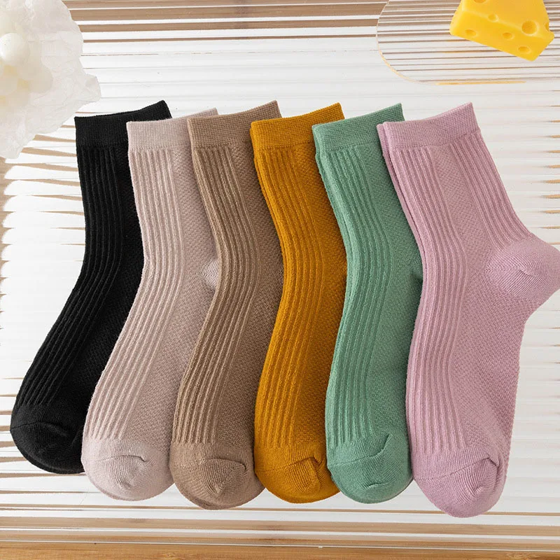 

5 Pairs Spring And Autumn Women Pure Cotton Mid Tube Socks Winter Stripes College Style Candy Color Comfortable And Warm Socks