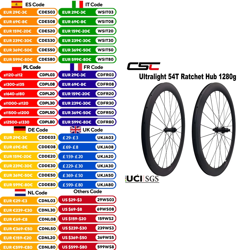 UCI CSC Ultralight Road bike Carbon Wheels 700C Center Lock 54T Ratchet System Hub Disc 35 to 58mm deep for Gravel Bicycle 1280g