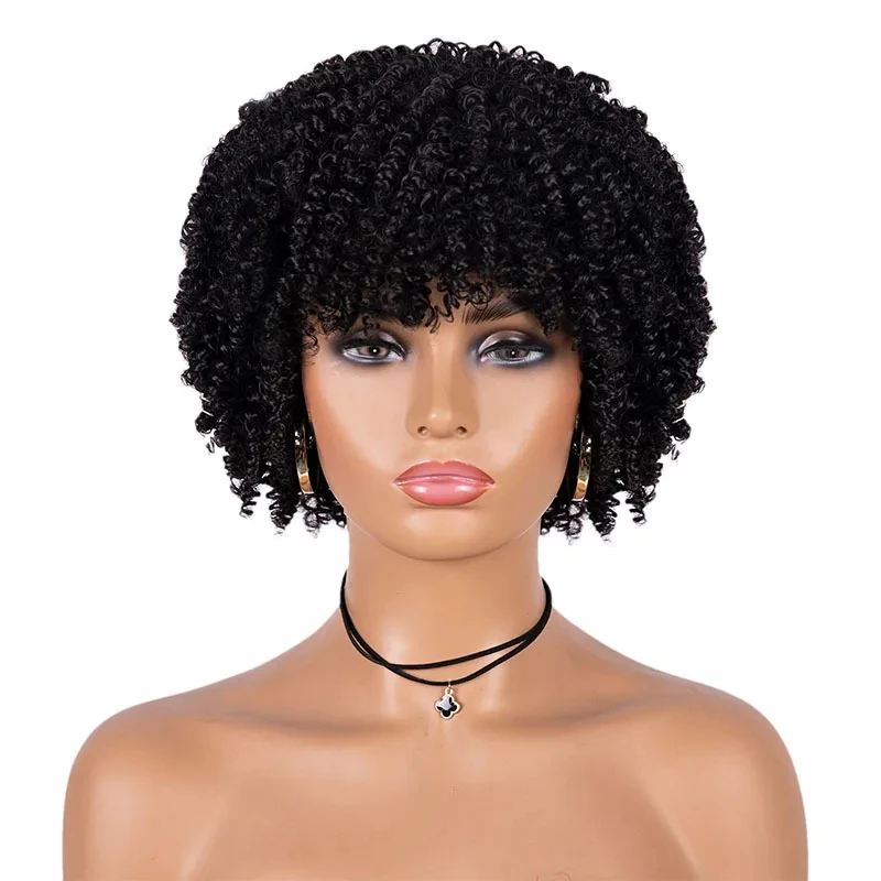 Short Curly Afro Wigs With Bangs For Women Kinky Curly Synthetic Wigs For Black Women Cheap Wigs On Sale Perfect for daily use