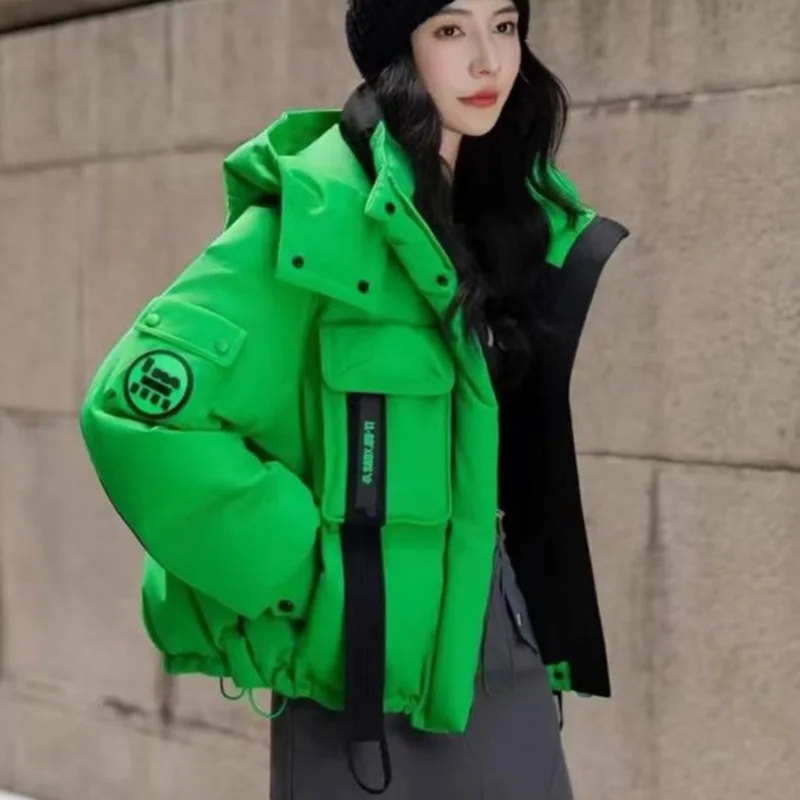 Daunenjacke mit Kapuze, Damenbekleidung, 2025, neues Spleißen, modisch, vielseitig, kurz, locker, Damen-Daunenjacke, weiblich, Parker H567