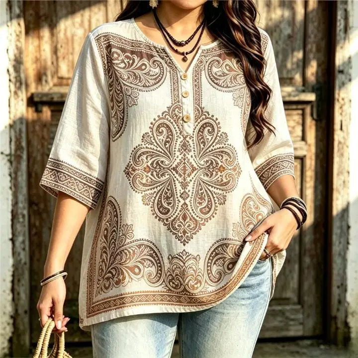 Women Symmetrical Paisley Placement Ethnic Border Print Blouse For Curvy Figures Notched Neck 3/4 Sleeve Loose Boho Tops