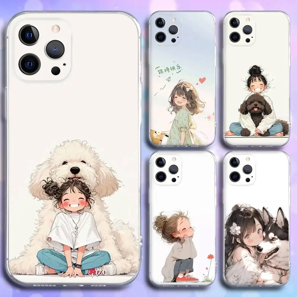 

Cute Kid Girl Dog Phone Case For iPhone 16e,16,15,14,13,12,11 Plus,Pro,Max,XR,XS,X,Plus,SE,Mini Transparent Soft Cover