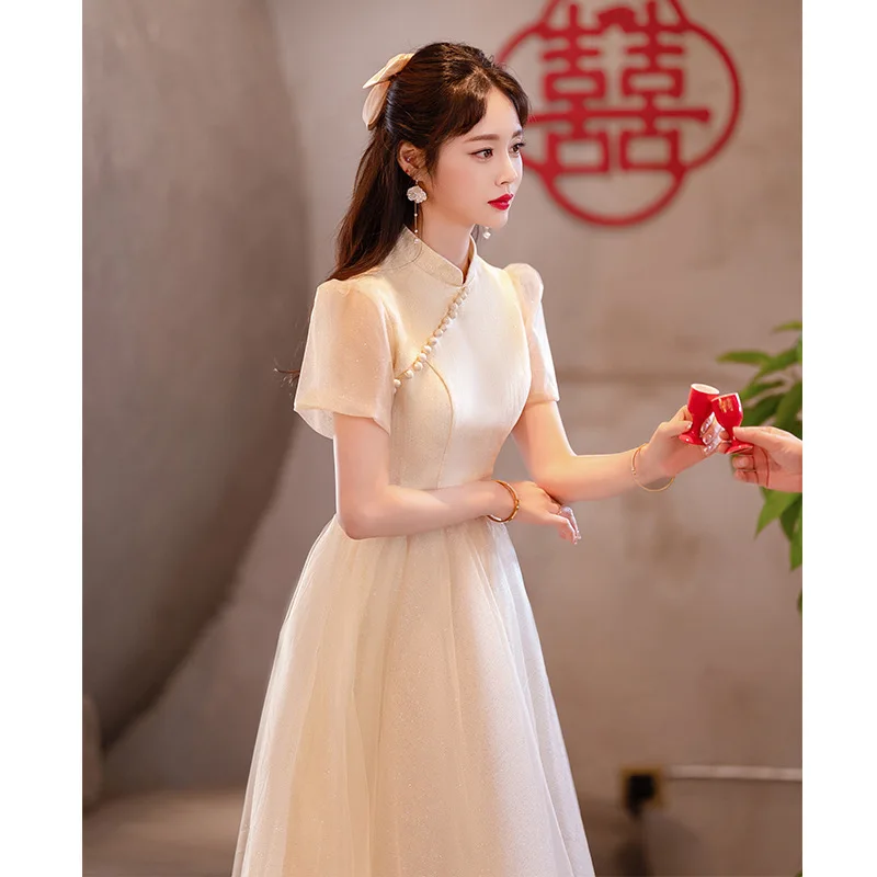 Yourqipao Champagne Color Chinese Wedding Party Dresses 2023 Tradtional Improvment Cheongsams Engagement Wedding Toast Clothing