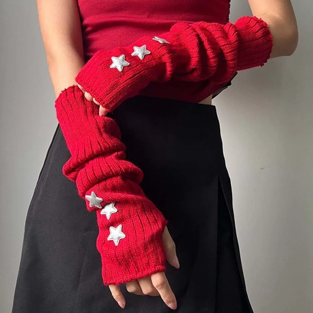 Maniche senza dita lavorate a maglia elastica tinta unita lunga copertura del braccio stella Y2K traspirante scaldino hip-hop polsino lungo festa