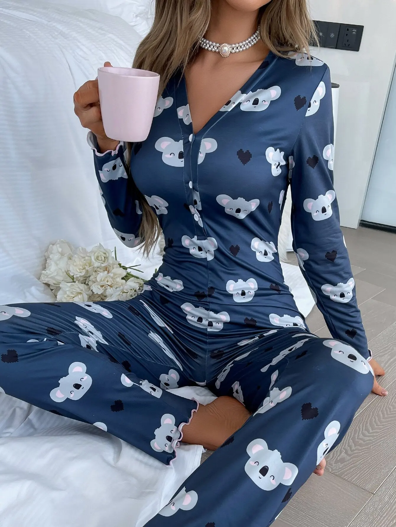 

Cute Animal Print Long Sleeve Button Front Sleep Jumpsuit with Ruffled Hem for Cozy Fall Winter Nights
