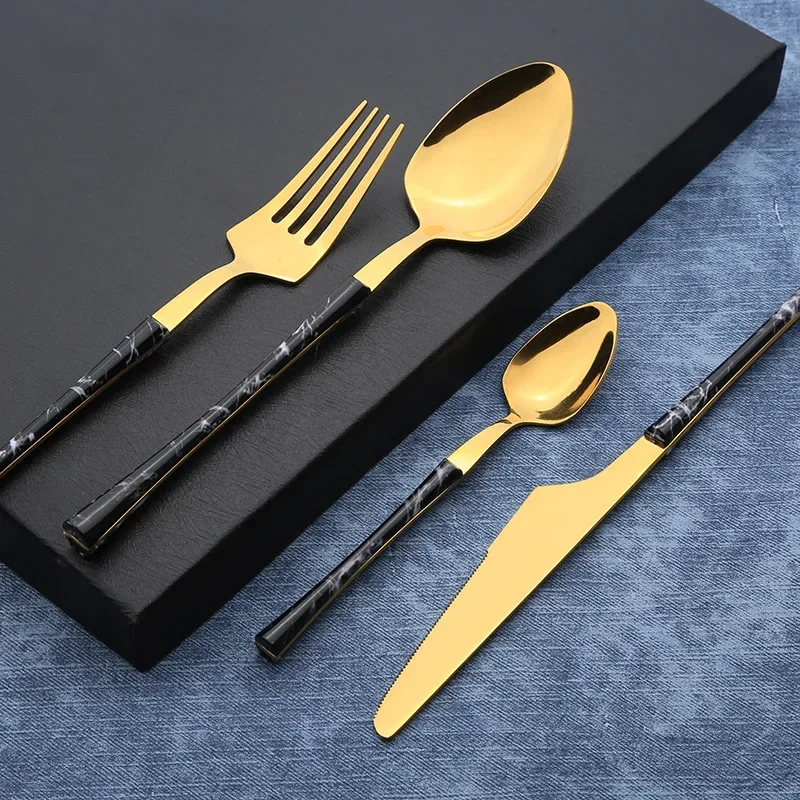 20Pcs Stainless Steel Tableware Set Glossy Wood Gold Dinnerware Sets Western Food Knife fork Teaspoon Cutleries