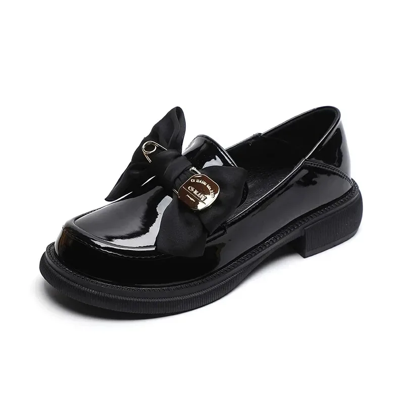 2024 Spring Women\'s Black Leather Shoes Ladies Casual Loafers British Style Bow Design Mid Heels Work and Walk Wear Free Shippin