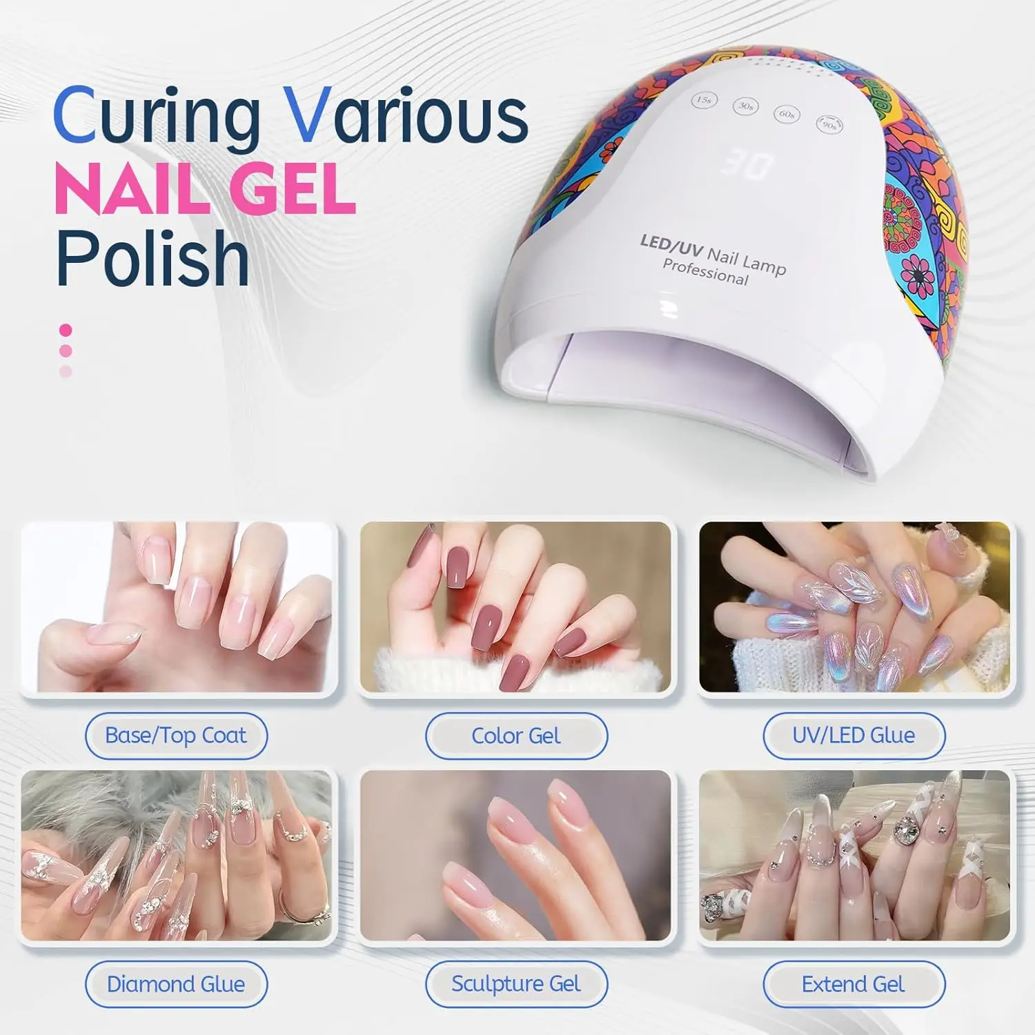 Lampada per unghie UV LED, essiccatore per smalto gel da 48 W con 4 impostazioni timer e display LCD