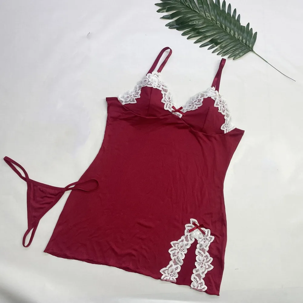 

Fork Design Women's Pajama Dress with Underpants Sleeveless Lace Suspender Nightgown Spicy Girl Solid Color