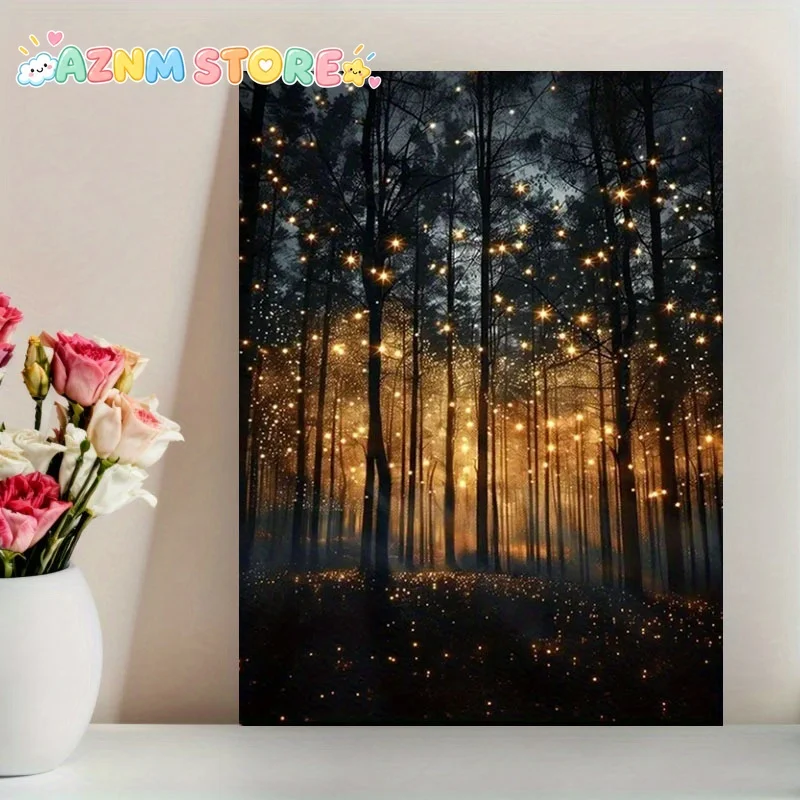2027 Enchanting Firefly Forest Canvas Art Print - Frameless Wall Decor with Glowing Tree Silhouettes, Mystical Night Scene fo