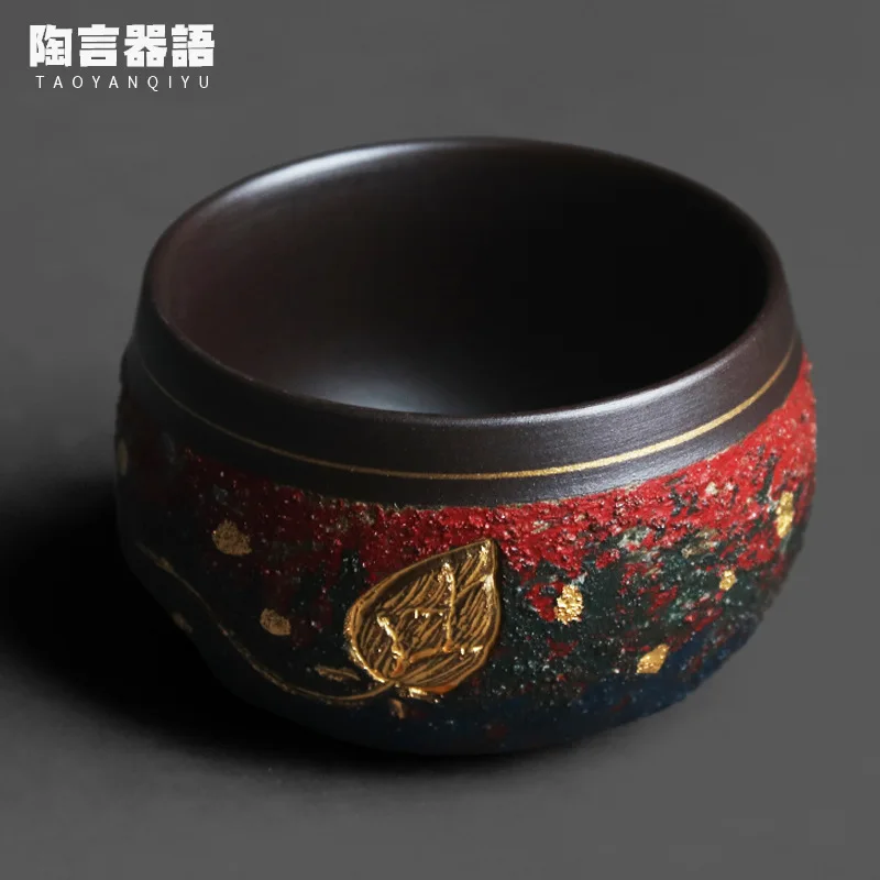 Colorful Gradual Frosted Coarse Pottery 24K Painting Golden Lotus Personal Tea Cup Gold Touch Process Coffee Wine Cup