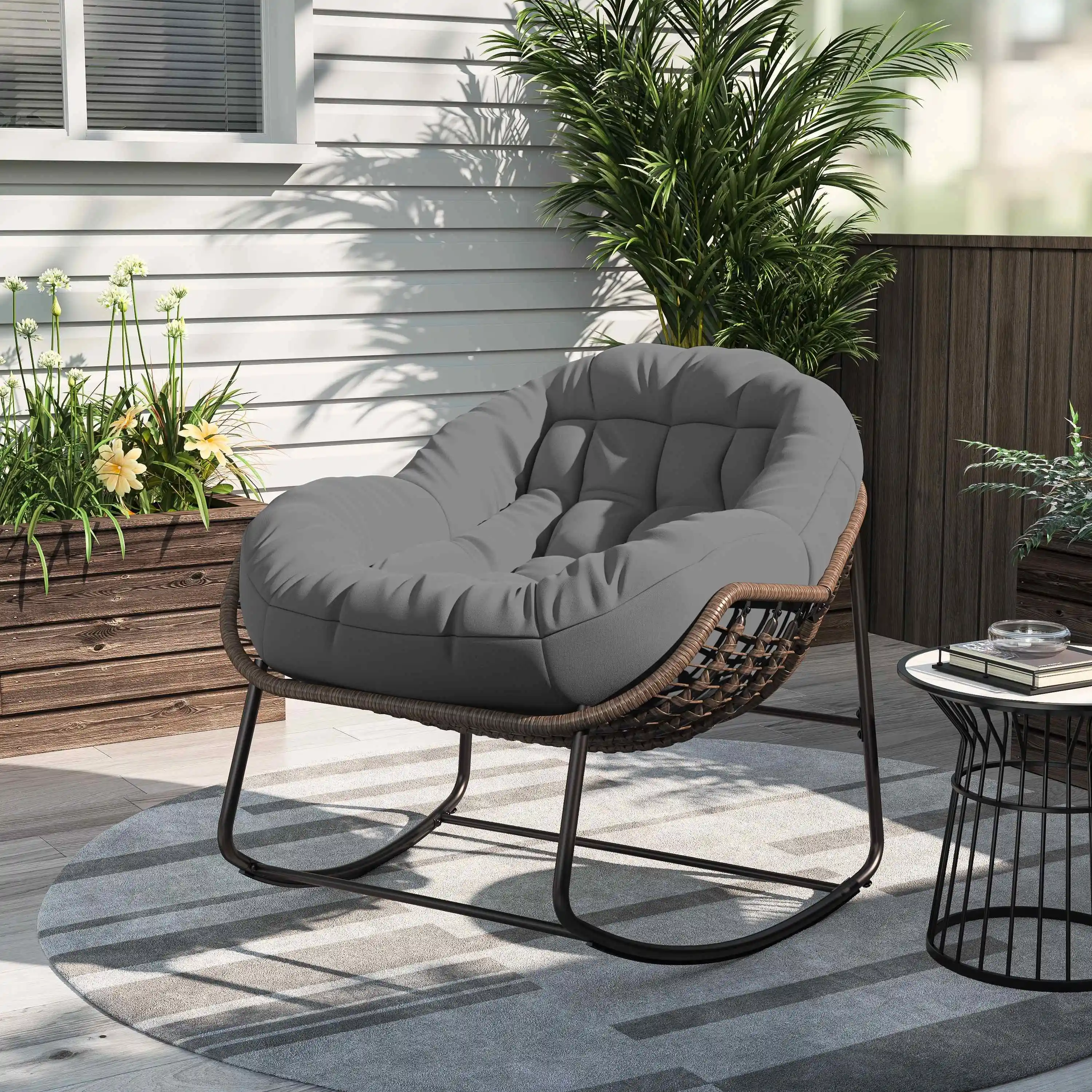 Outdoor Rattan Rocking Chair,Padded Cushion Rocker Recliner Chair Outdoor for Front Porch, Living Room, Patio, Garden