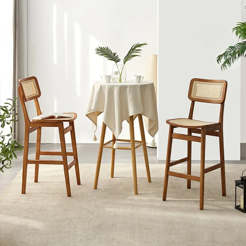 Nordic Rattan Woven Solid Wood Bar Stool Commercial Designer Backrest High Chair Medieval Island Homestay Home Furniture