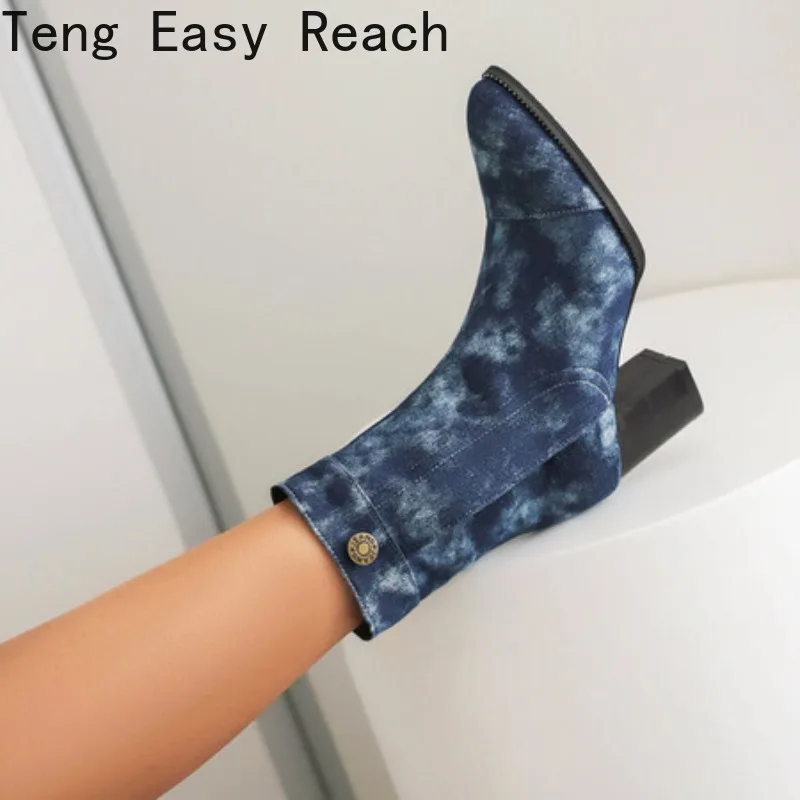 Women 2025 Autumn Pointed Toe Ankle Short Boot Woman Side Zip Thick Heeled Shoes New High Heels Blue Denim Boots view 3