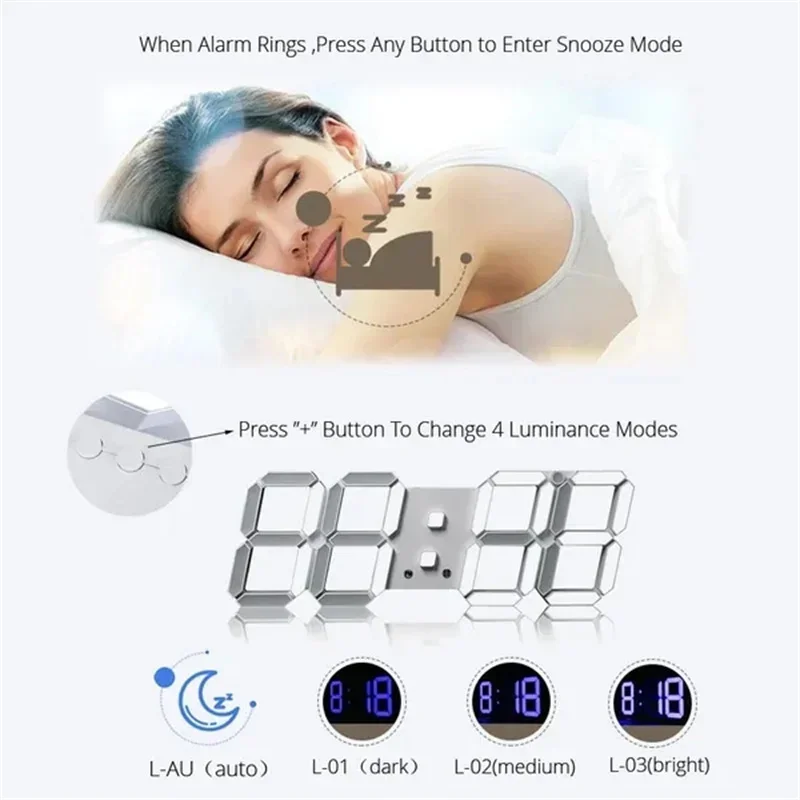 Decoration for Bedroom 3D Digital Wall Clock Home Adjustable Living Room Decor Night Light Mode Decorate Clocks Decorations