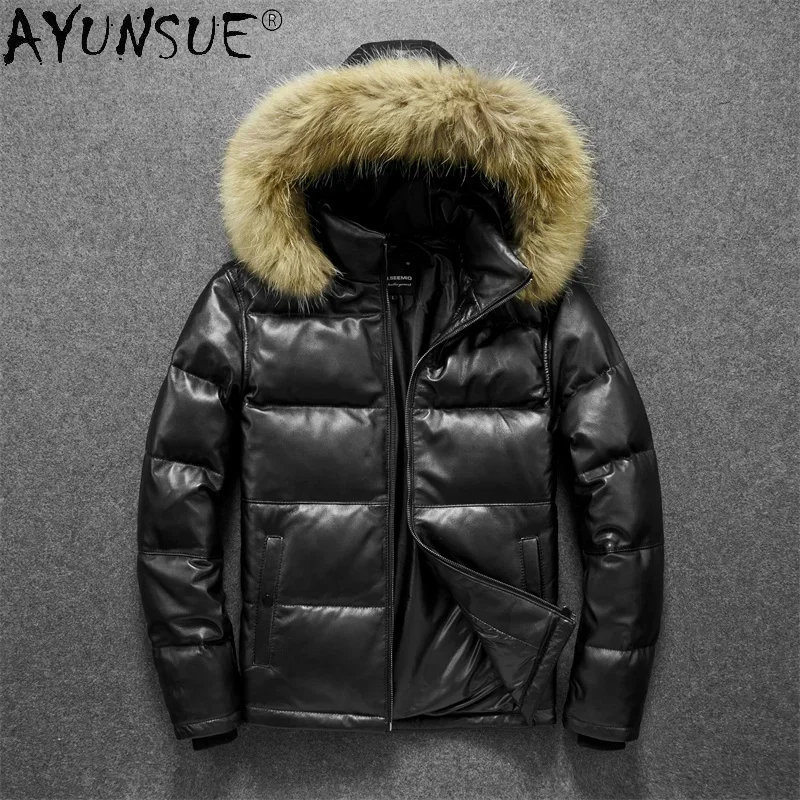 

AYUNSUE 100% Genuine Sheepskin Leather Jacket Men Winter Jackets Warm 90% White Duck Down Coat Hooded Raccoon Fur Collar Abrigos