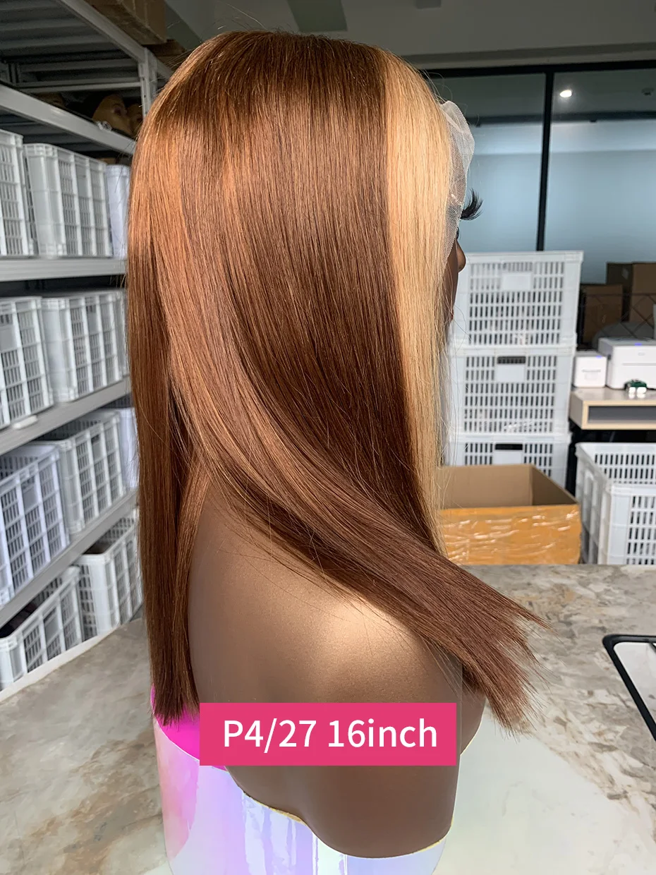 

250 Density 4/27 Brown Blonde Color Lace Frontal Human Hair Wigs 100% Raw Vietnamese Straight 13x4 Bob Human Hair Lace Front Wig