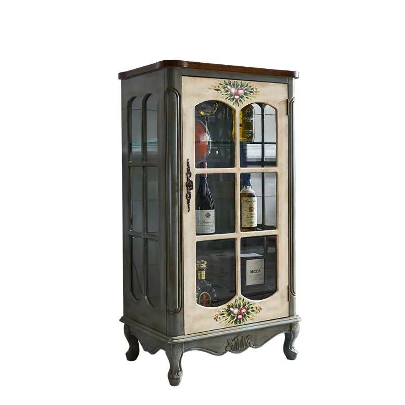 

American solid wood wine cabinet living room TV side cabinet against the wall storage glass vertical cabinet retro single door