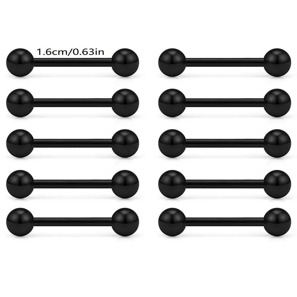 10pcs Black 14G 16mm/18mm Stainless Steel Elegant Vintage Soft Rod Tongue and Nipple Piercing Barbell Set for Gifts