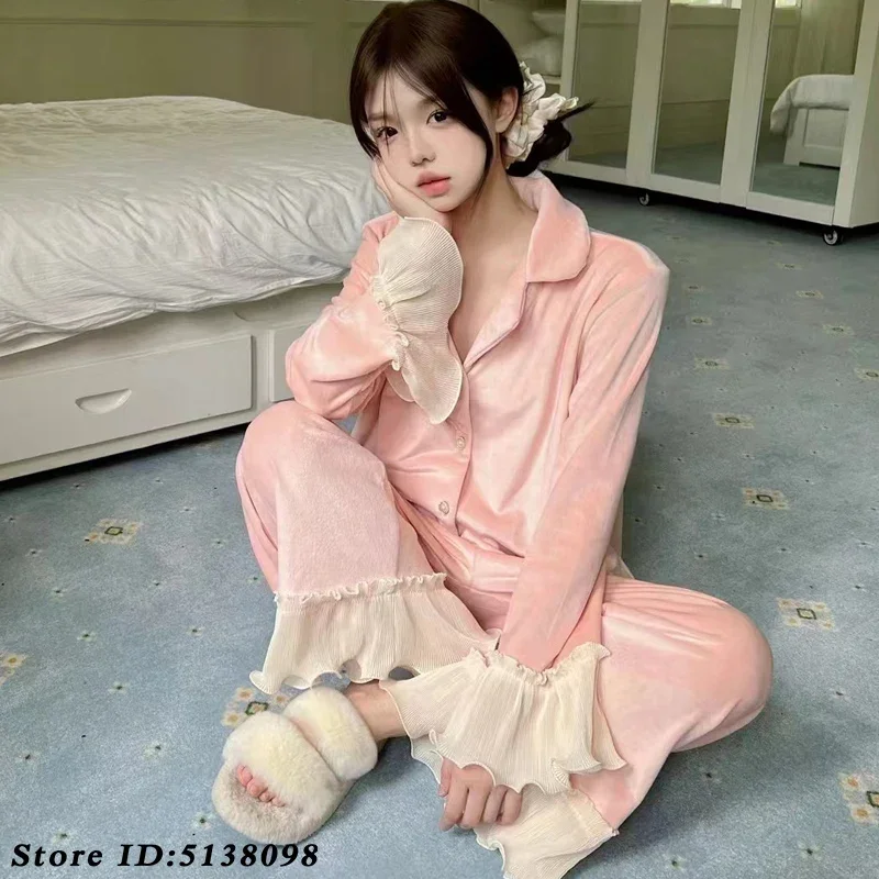 Velour Nightwear Ruffled Patchwork Pajamas Women's Autumn Winter Luxury Sleepwear Top&pants 2PCS Pijamas Velvet Leopard Homewear