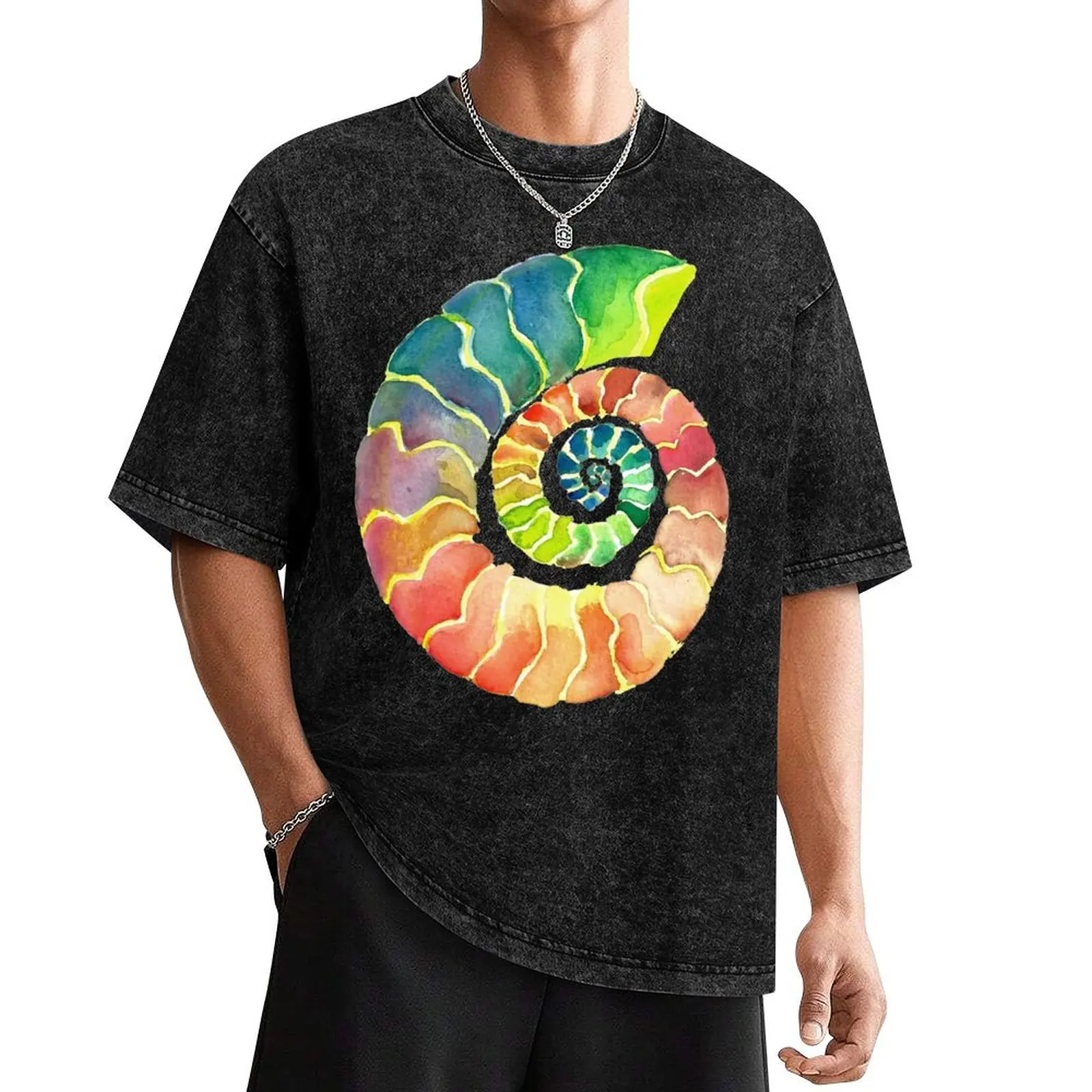 Watercolor Fossil Ammonite in Rainbow T-Shirt vintage graphic tee tops mens big and tall t shirts