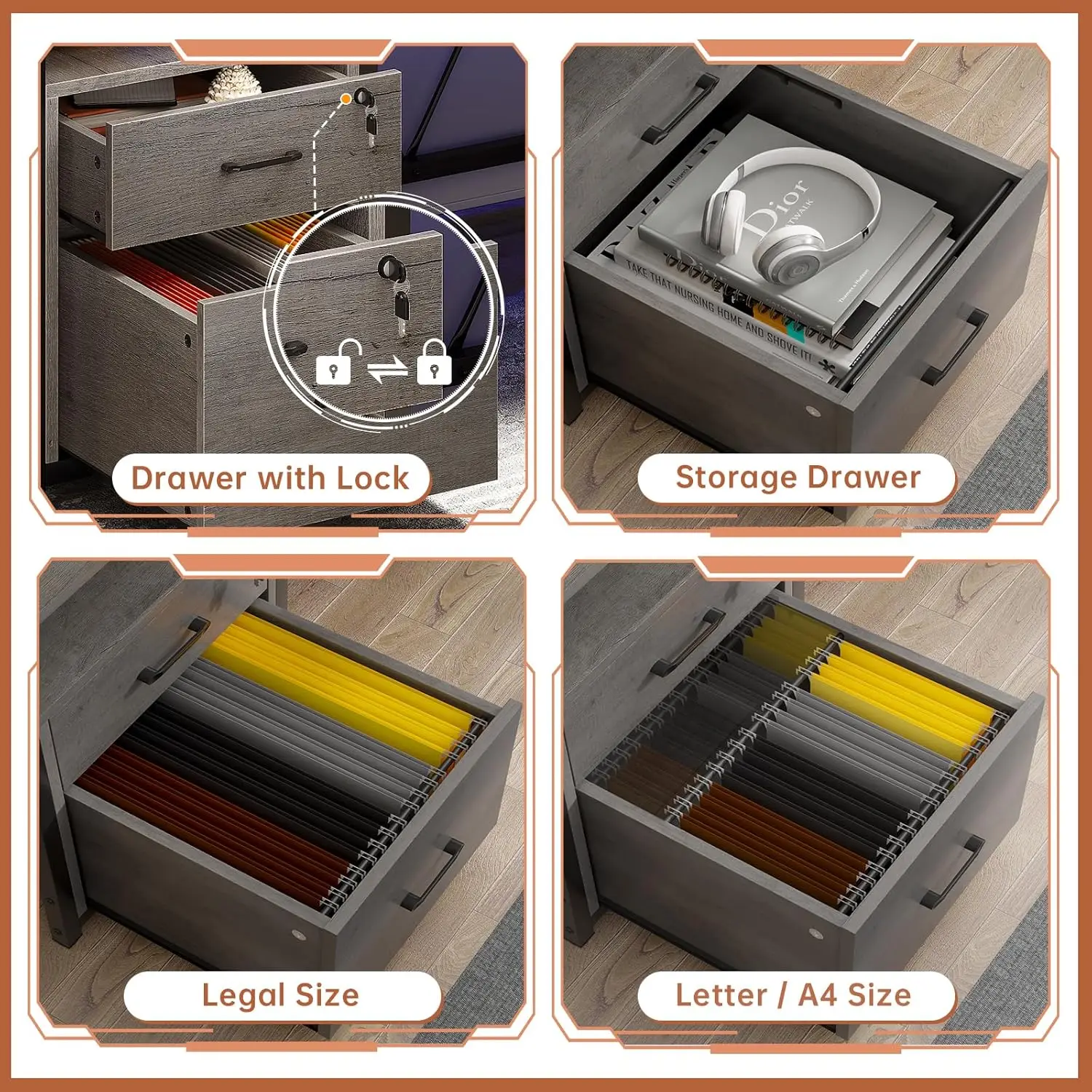 Lockable Drawers for Legal/Letter File, Gaming Desk with LED Lights & Power Outlet, Home Office Desks with Storage