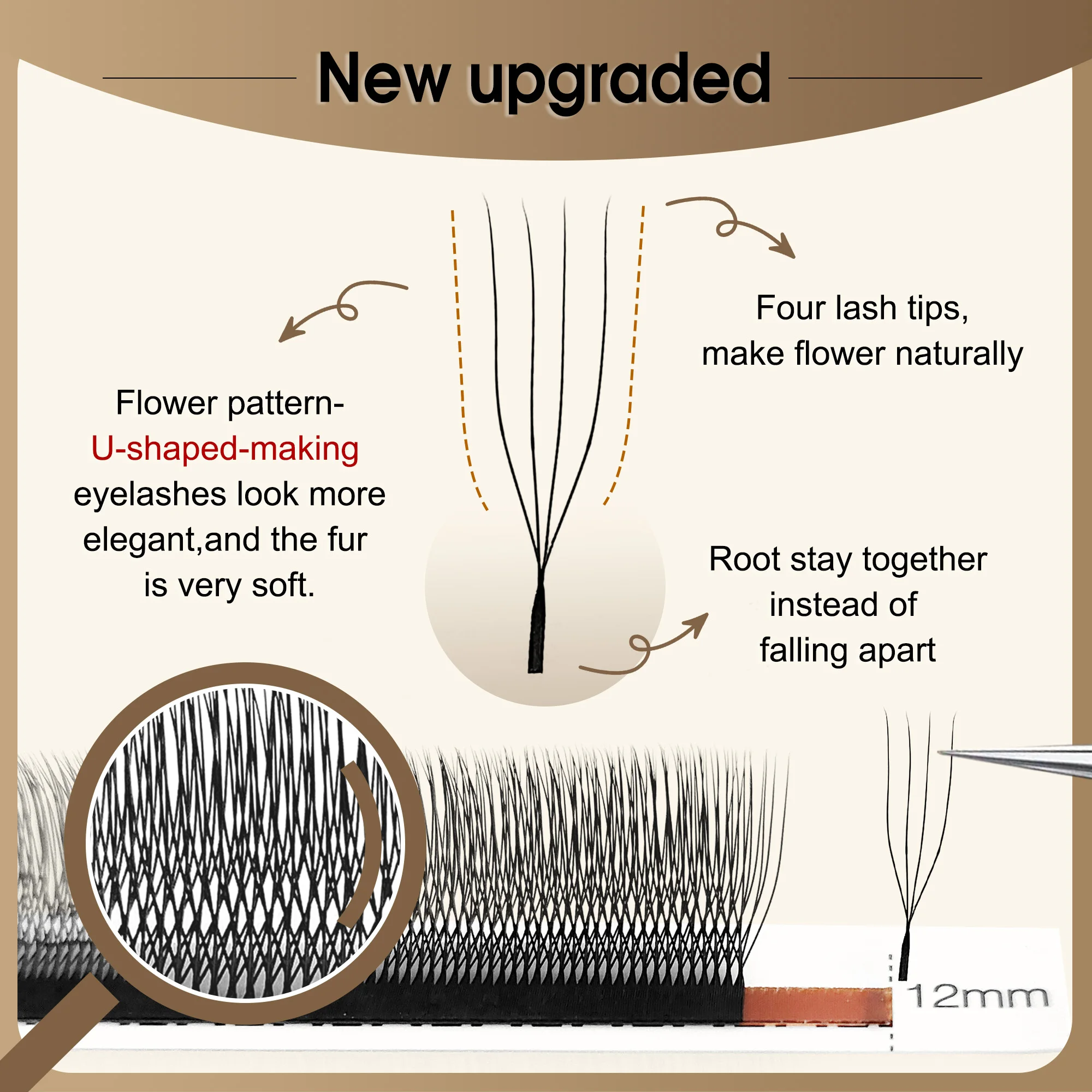 CoMango 12 rangées de faux cils noirs mats en forme de U 3/4/5D C/D cils naturels W faux cils fleuris