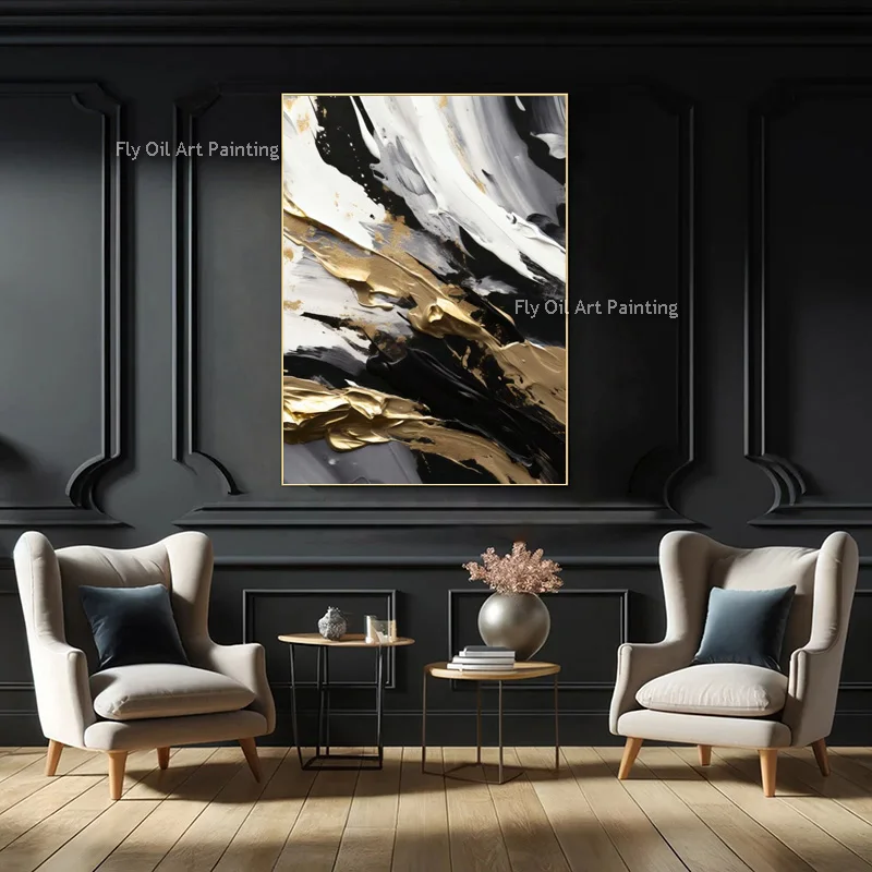 Black White Knife Thick Canvas Wall Art Decor For Room Hall Hand Painted Simple Original Grey Beige Black Popular Oil Painting