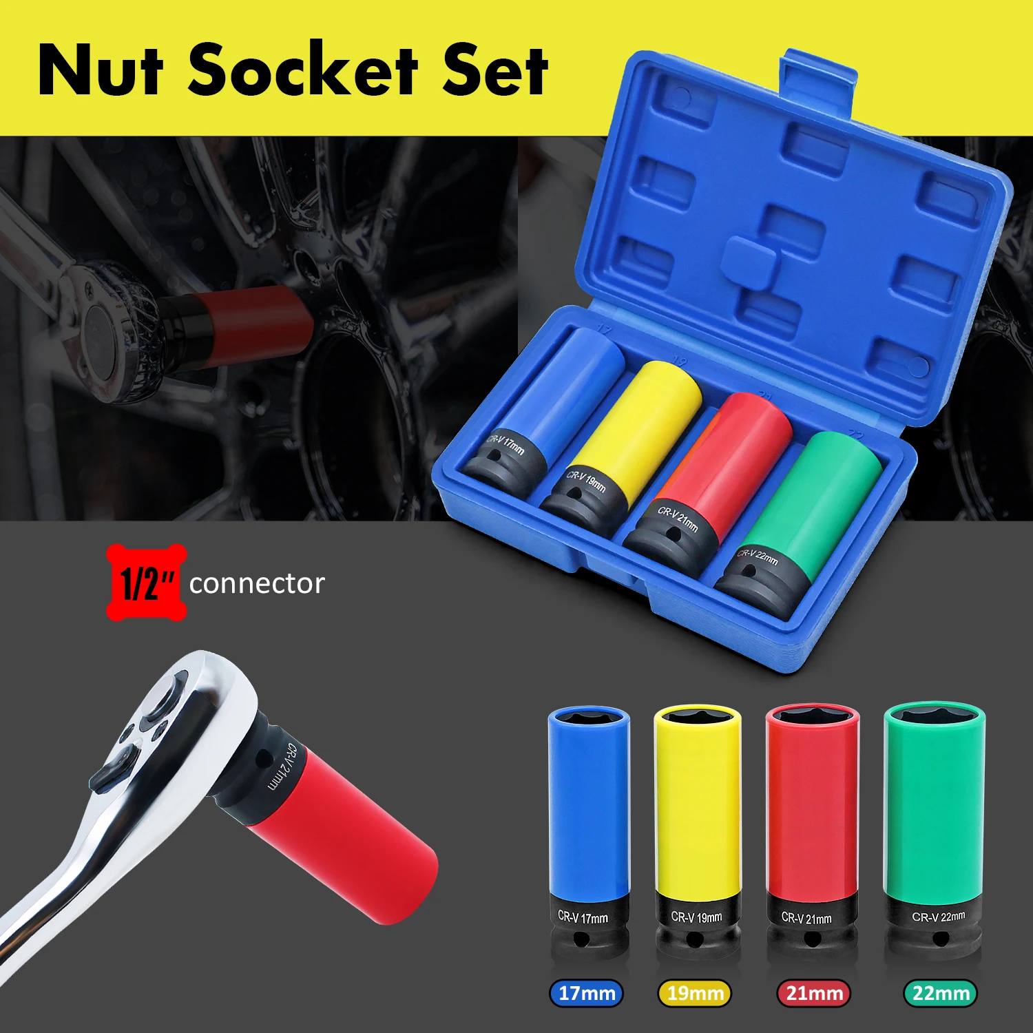 1/2' Drive Lug Nut Socket Set Drive Wheel Socket Auto Repair Protector Impact Sleeve Set 15mm, 17mm, 19mm, 21mm, and 22mm image 2