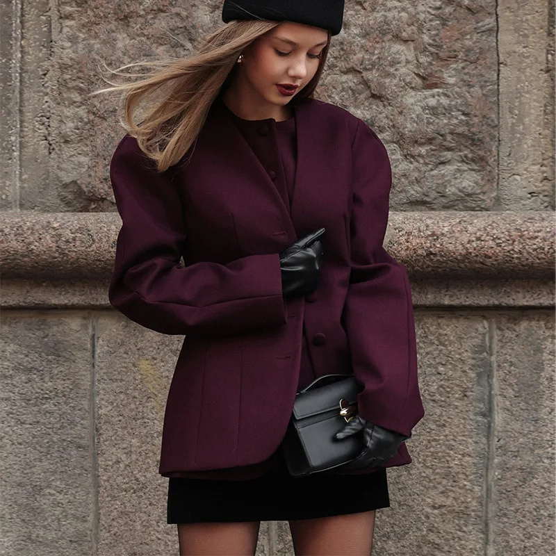 

2026 Winter New Sweet Fresh V Neck Puff Sleeve Waist Cinching Single Breasted Wine Red Small Suit Jacket