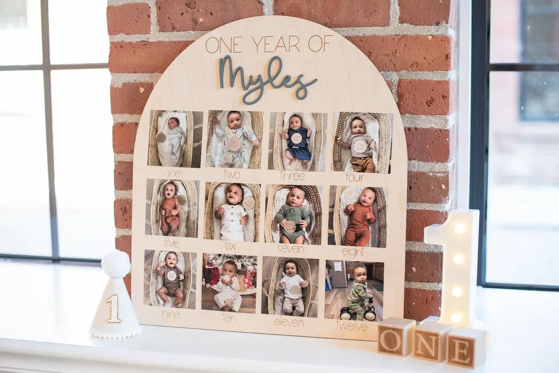 Tablero de fotos de mi primer año, un año, tablero de hito de madera para primer cumpleaños, decoraciones para primer cumpleaños, cartel fotográfico de 12 meses