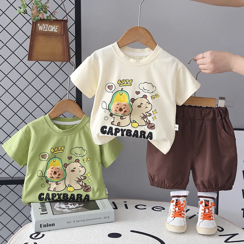 2pcs/set Boys Summer Outfit New Kids Set Round Neck Short Sleeve Children's Cartoon Clothing Set Boys Casual Sports Shorts Set