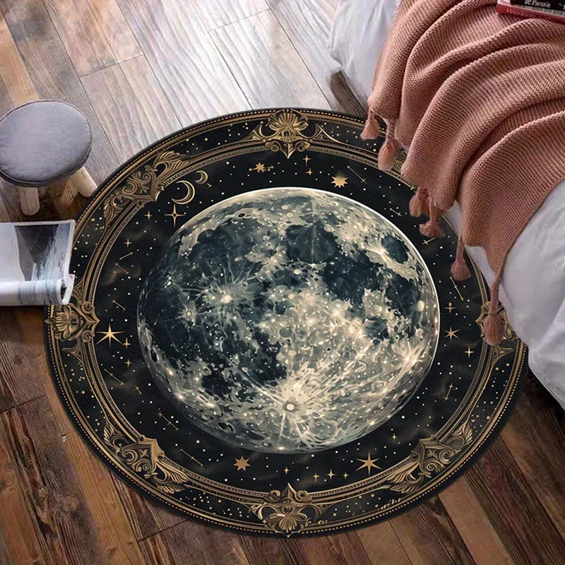 Decorative Round Galaxy Moon Mat Rug Cushion Table Decor Astrology Starry Night Print Polyester Living Room Accent Piece