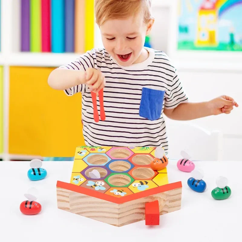 Montessori brinquedos de madeira cor cognição clipe contas correspondência braçadeira abelha casa armadilha jogo cedo brinquedos educativos presente para crianças