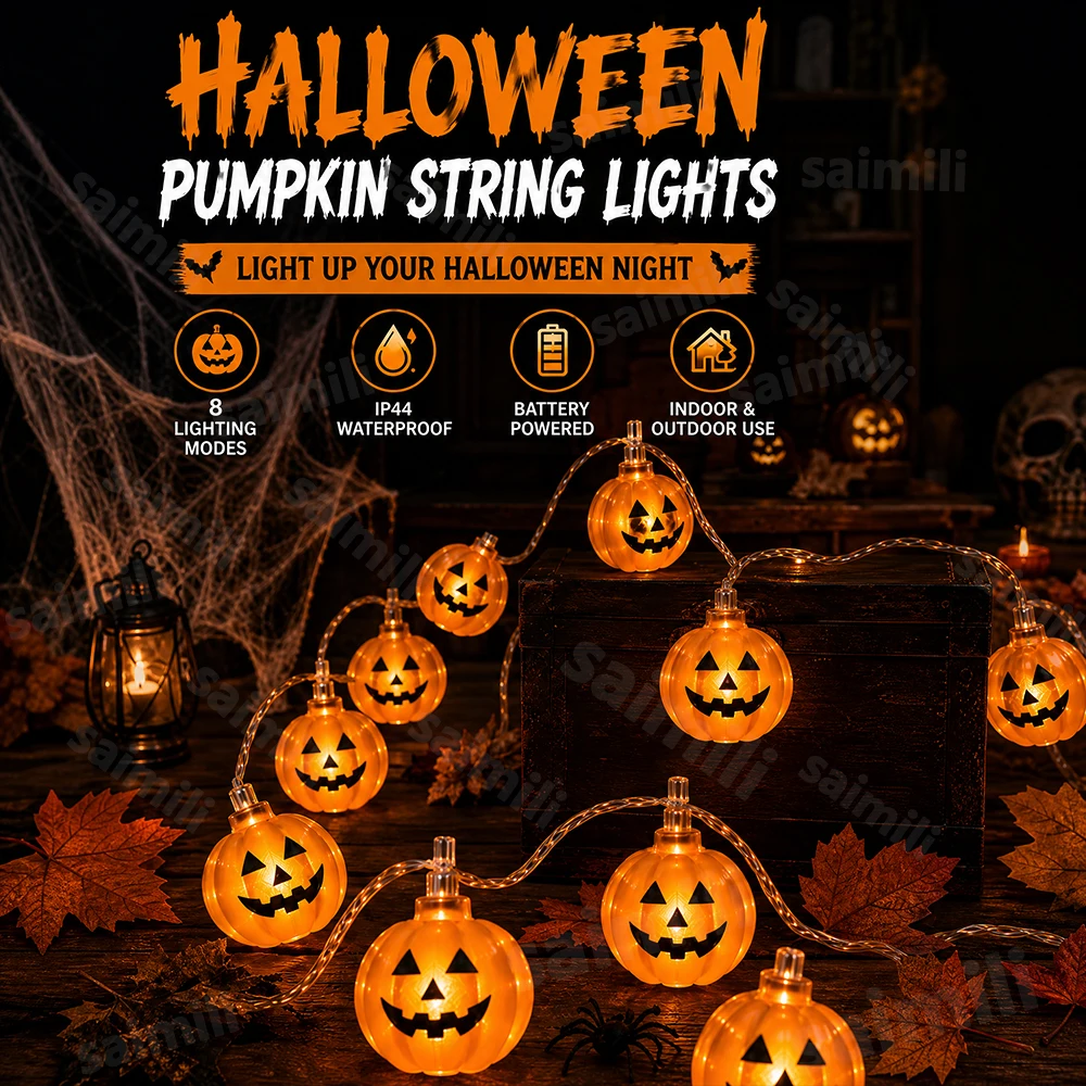 Halloween Theme Pumpkin String Lights LED Battery Powered Horror Atmosphere Decor For Home Balcony DIY Party Scene Layout Decor