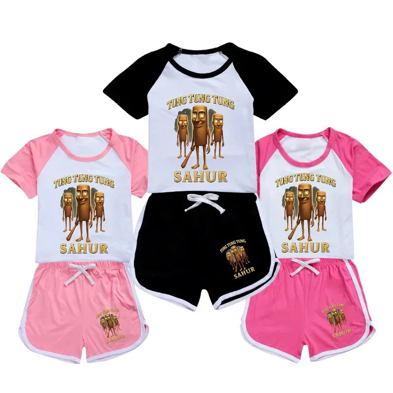 

Hot Tung Tung Tung Sahur Детская одежда Пижамы Короткий комплект Летняя повседневная одежда для сна для маленьких девочек Футболка с короткими рукавами + короткие штаны