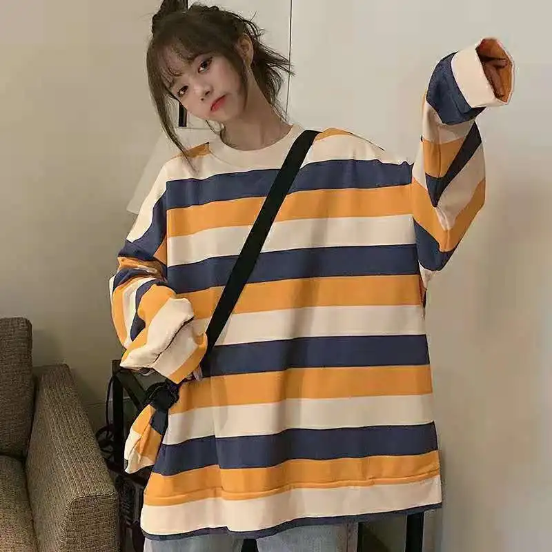 Oversized Crewneck Sweatshirt Stripes Loose Pullovers Couple Clothing Ins Women Clothing  Vintage Sweatshirt Long Sleeve Top