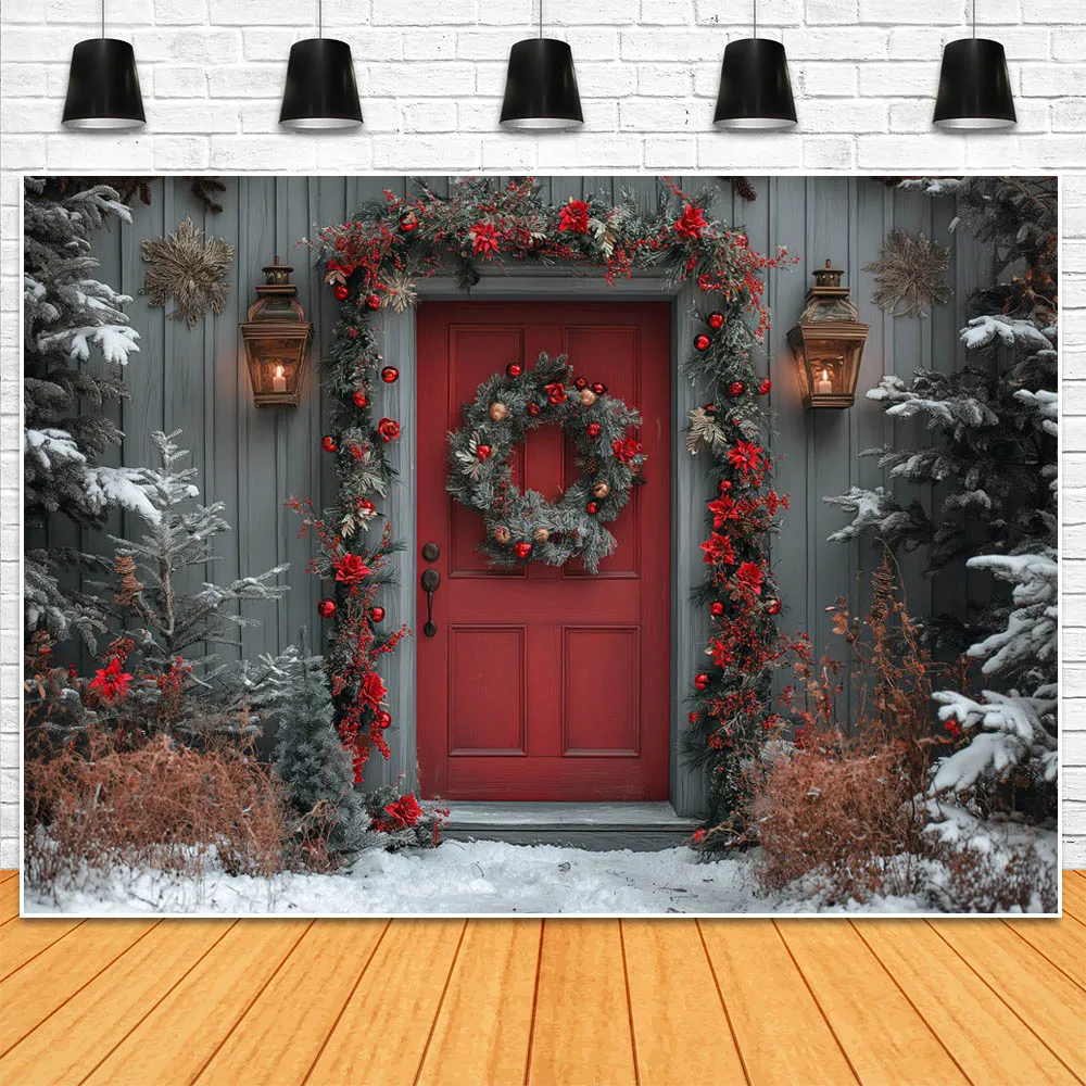 Mocsicka-写真、冬の雪の木、クリスマスリース、女性の肖像画、写真の背景の小道具のためのクリスマスの赤い壁とドアの背景