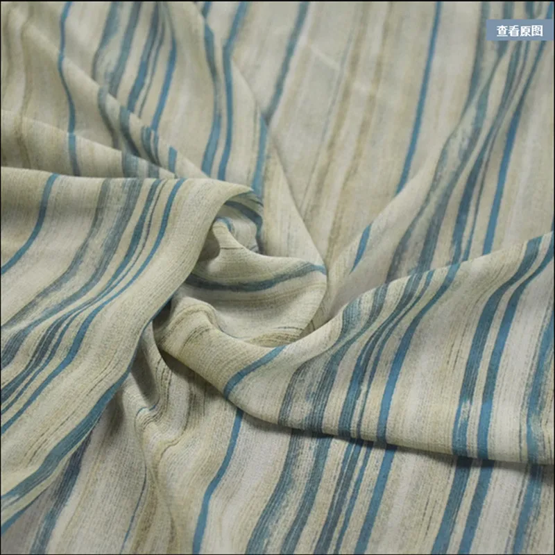 Vintage Wind Simple Green Stripe Print Chiffon Fabric for Dress, Cheongsam Han Cloth, Sewing Tissue, High Grade, T2057