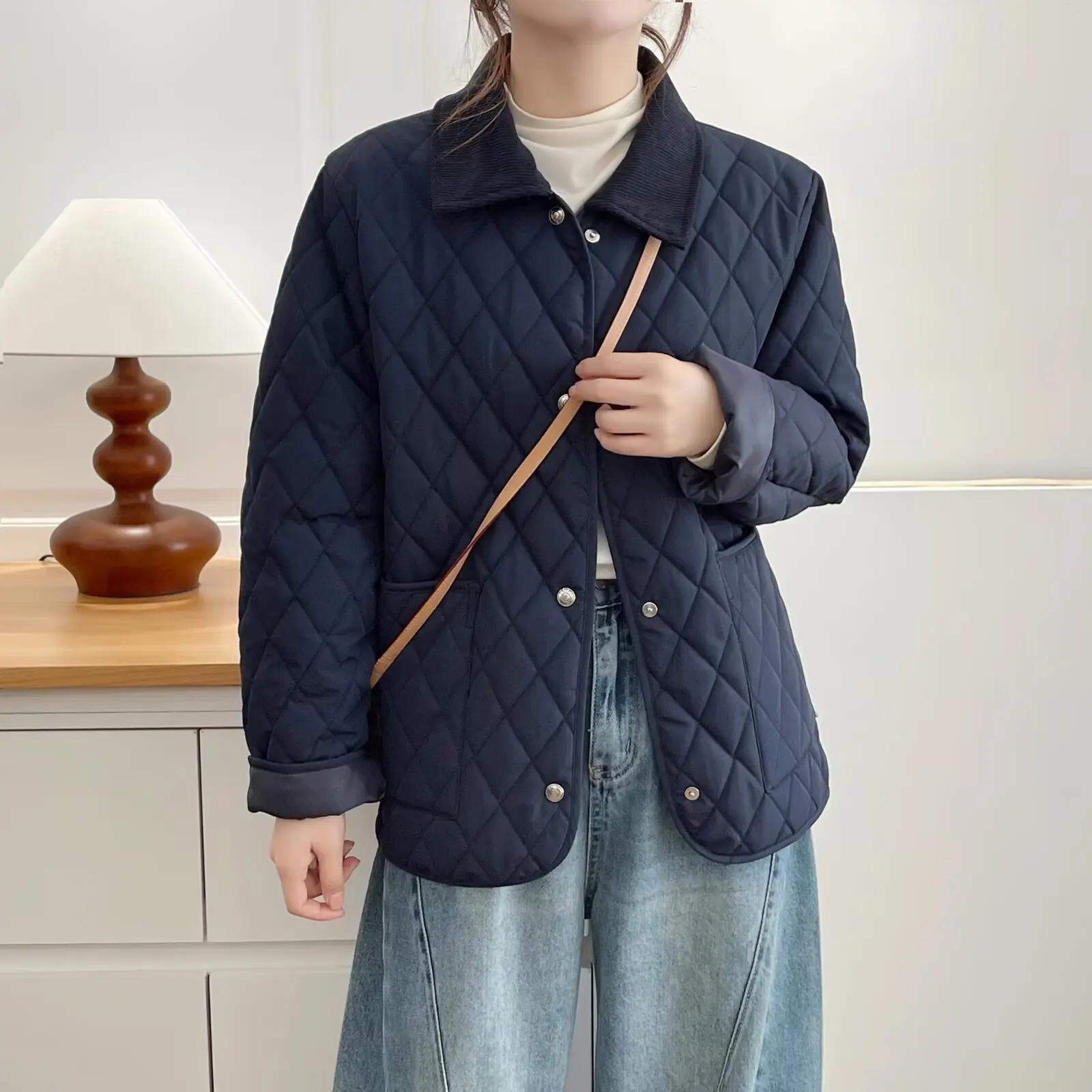 

XXXXL Fashion Plus Size Women's Parkas New Winter Korean Style Stylish Simple Lapel Argyle Jacket Casual Warm Padded Coat 1058