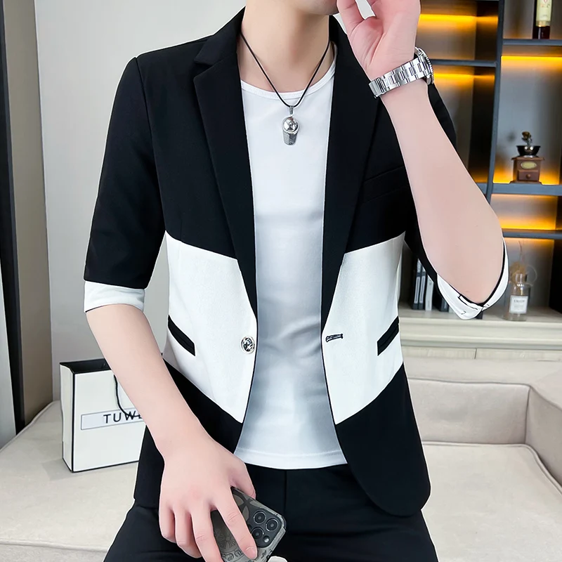 2023 Summer Fashion Patchwork Suit Jacket Thin 3/4 Sleeve Casual Blazer Streetwear Slim Social Barber Dress Coat Men Clothing